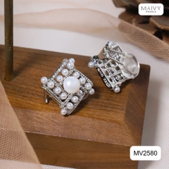 MV2580 - Bông tai hình thoi đính ngọc trai nhí màu trắng dáng kẹp