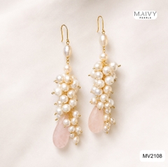 MV2218 - Bông Tai Ngọc Trai Trắng Mix Thạch Anh Hồng Kết Chùm.