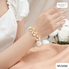 MV2494 - Lắc tay ngọc trai trắng mix charm hoa lan bằng bạc 925 mạ vàng 18k