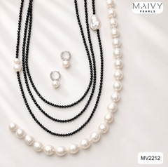 MV2212 -Set Chuỗi Đá Spinel Đen Mix Ngọc Trai Trắng Dáng Dài Và Bông Tai Ngọc Trai
