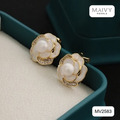 MV2583 - bông tai hoa vàng mix ngọc trai trắng sz 5-6mm dáng kẹp