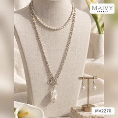 Set ngọc trai xám tròn: dây chuyền 2 sợi, nhẫn, bông tai MV2270