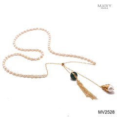 MV2528 - Dây chuyền ngọc trai trắng sz 5-6mm mix bi bạc 925 mạ vàng 18k thả dài nhấn mặt đá xanh