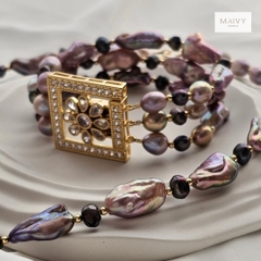 MV2264 - Set dây chuyền và lắc tay Baroque 3 sợi hồng ánh tím NEW