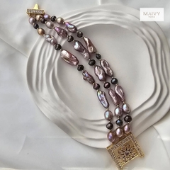 MV2264 - Set dây chuyền và lắc tay Baroque 3 sợi hồng ánh tím NEW