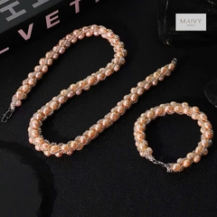 MV2182 - Set Dây Chuyền / Lắc Tay Trai Gạo Đan Xéo Kết Chùm