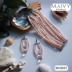 MV2037 - Set Ngọc Trai Lắc Tay / Bông Tai Màu Hồng Nhiều Sợi