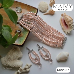 MV2037 - Set Ngọc Trai Lắc Tay / Bông Tai Màu Hồng Nhiều Sợi