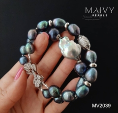 MV2039 -Lắc Tay Ngọc Trai Đôi Lông Công Mix Trai Baroque Xám