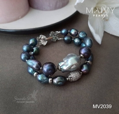 MV2039 -Lắc Tay Ngọc Trai Đôi Lông Công Mix Trai Baroque Xám