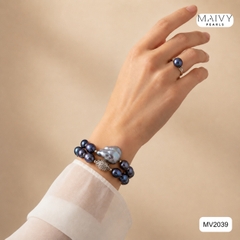 MV2039 -Lắc Tay Ngọc Trai Đôi Lông Công Mix Trai Baroque Xám