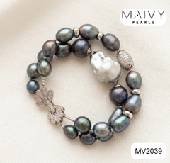 MV2039 -Lắc Tay Ngọc Trai Đôi Lông Công Mix Trai Baroque Xám