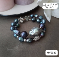 MV2039 -Lắc Tay Ngọc Trai Đôi Lông Công Mix Trai Baroque Xám