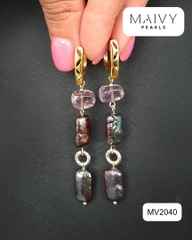 MV2040 -  Set Lắc Tay / Bông Tai Ngọc Trai Lông Công Baroque Dài Mix Đá Tự Nhiên