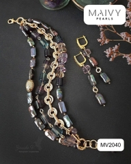 MV2040 -  Set Lắc Tay / Bông Tai Ngọc Trai Lông Công Baroque Dài Mix Đá Tự Nhiên