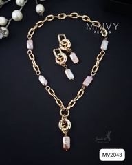 MV2043 - Set Dây Chuyền / Bông Tai Ngọc Trai Baroque Vuông Màu Hồng Ánh Tím Cách Điệu