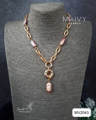 MV2043 - Set Dây Chuyền / Bông Tai Ngọc Trai Baroque Vuông Màu Hồng Ánh Tím Cách Điệu