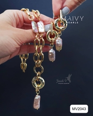 MV2043 - Set Dây Chuyền / Bông Tai Ngọc Trai Baroque Vuông Màu Hồng Ánh Tím Cách Điệu