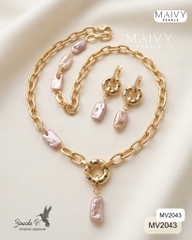MV2043 - Set Dây Chuyền / Bông Tai Ngọc Trai Baroque Vuông Màu Hồng Ánh Tím Cách Điệu