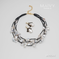 MV2044 | Set Dây Chuyền Keshi Và Bông Tai Ngọc Trai Baroque Phối Đá Spinel Đen Thời Thượng