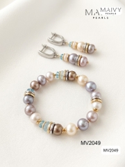 MV2049 - Set 3 Sản Phẩm Dây Chuyền/ Lắc Tay / Bông Tai Ngọc Trai Hồng Ánh Tím Mix Đá Thạch Anh