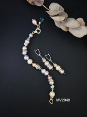 MV2049 - Set 3 Sản Phẩm Dây Chuyền/ Lắc Tay / Bông Tai Ngọc Trai Hồng Ánh Tím Mix Đá Thạch Anh
