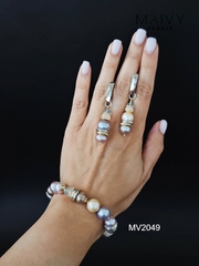 MV2049 - Set 3 Sản Phẩm Dây Chuyền/ Lắc Tay / Bông Tai Ngọc Trai Hồng Ánh Tím Mix Đá Thạch Anh