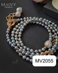 MV2055 - Set 2 Dây Chuyền Ngọc Trai Tròn Dài Và Ngắn Màu Xám.