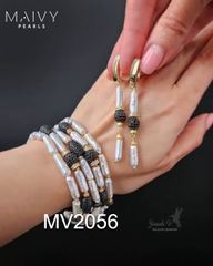 MV2056 - Set Lắc Tay 5 Sợi / Bông Tai Ngọc Trai Baroque Dài Trắng mix Đá Đen