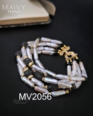 MV2056 - Set Lắc Tay 5 Sợi / Bông Tai Ngọc Trai Baroque Dài Trắng mix Đá Đen