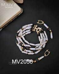 MV2056 - Set Lắc Tay 5 Sợi / Bông Tai Ngọc Trai Baroque Dài Trắng mix Đá Đen