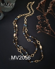 MV2057 - Dây Chuyền 2 Nửa Trai Lông Công Mix Đá Thạch Anh Khói Cách Điệu Kiểu Hiện Đại