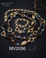 MV2057 - Dây Chuyền 2 Nửa Trai Lông Công Mix Đá Thạch Anh Khói Cách Điệu Kiểu Hiện Đại