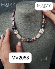 MV2058 - Dây Chuyền Ngọc Trai Baroque Vuông Hồng Ánh Tím Mix Ngọc Trai Tròn Lông Công