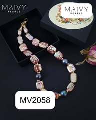 MV2058 - Dây Chuyền Ngọc Trai Baroque Vuông Hồng Ánh Tím Mix Ngọc Trai Tròn Lông Công