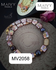 MV2058 - Dây Chuyền Ngọc Trai Baroque Vuông Hồng Ánh Tím Mix Ngọc Trai Tròn Lông Công