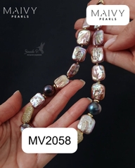 MV2058 - Dây Chuyền Ngọc Trai Baroque Vuông Hồng Ánh Tím Mix Ngọc Trai Tròn Lông Công
