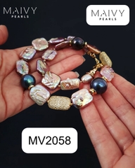 MV2058 - Dây Chuyền Ngọc Trai Baroque Vuông Hồng Ánh Tím Mix Ngọc Trai Tròn Lông Công