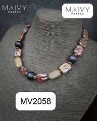 MV2058 - Dây Chuyền Ngọc Trai Baroque Vuông Hồng Ánh Tím Mix Ngọc Trai Tròn Lông Công
