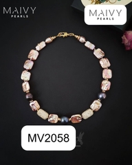 MV2058 - Dây Chuyền Ngọc Trai Baroque Vuông Hồng Ánh Tím Mix Ngọc Trai Tròn Lông Công