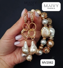 MV2062 - Set Ngọc Trai Baroque Hồng Ánh Tím Gồm Lắc Tay 2 Sợi / Bông Tai