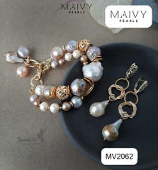 MV2062 - Set Ngọc Trai Baroque Hồng Ánh Tím Gồm Lắc Tay 2 Sợi / Bông Tai