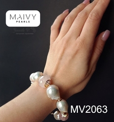 MV2063 - Set Ngọc Trai Baroque Trắng Mix Thạch Anh Hồng Gồm Lắc Tay/Bông Tai