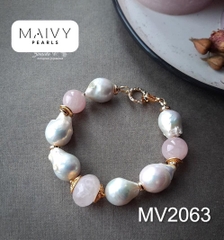 MV2063 - Set Ngọc Trai Baroque Trắng Mix Thạch Anh Hồng Gồm Lắc Tay/Bông Tai