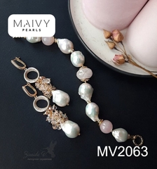 MV2063 - Set Ngọc Trai Baroque Trắng Mix Thạch Anh Hồng Gồm Lắc Tay/Bông Tai