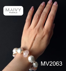 MV2063 - Set Ngọc Trai Baroque Trắng Mix Thạch Anh Hồng Gồm Lắc Tay/Bông Tai