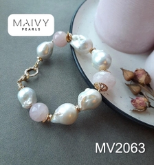 MV2063 - Set Ngọc Trai Baroque Trắng Mix Thạch Anh Hồng Gồm Lắc Tay/Bông Tai