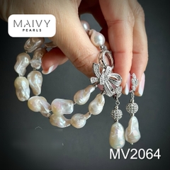 MV2064 - Set Trai Baroque Trắng Charm Nơ Gồm 3 Sản Phẩm Dây Chuyền/ Lắc Tay/Bông Tai 2 Màu Mạ Vàng/Xi Kim