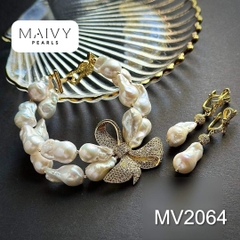MV2064 - Set Trai Baroque Trắng Charm Nơ Gồm 3 Sản Phẩm Dây Chuyền/ Lắc Tay/Bông Tai 2 Màu Mạ Vàng/Xi Kim