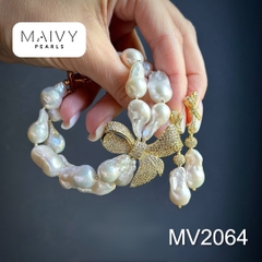 MV2064 - Set Trai Baroque Trắng Charm Nơ Gồm 3 Sản Phẩm Dây Chuyền/ Lắc Tay/Bông Tai 2 Màu Mạ Vàng/Xi Kim